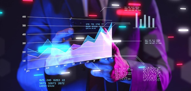 Photo finance forecast graph chart data financial planning marketing business man working on stock exchange crypto blockchain data analytics trading investment online meeting webinar business consult