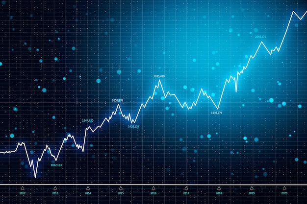 Finance and invest concept Creative glowing candlestick forex chart on dark blue texture 3D Rendering