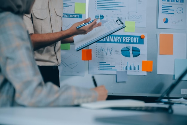 Finance manager meeting discussing company growth project success financial statistics professional investor working start up project for strategy plan with document laptop and digital tablet