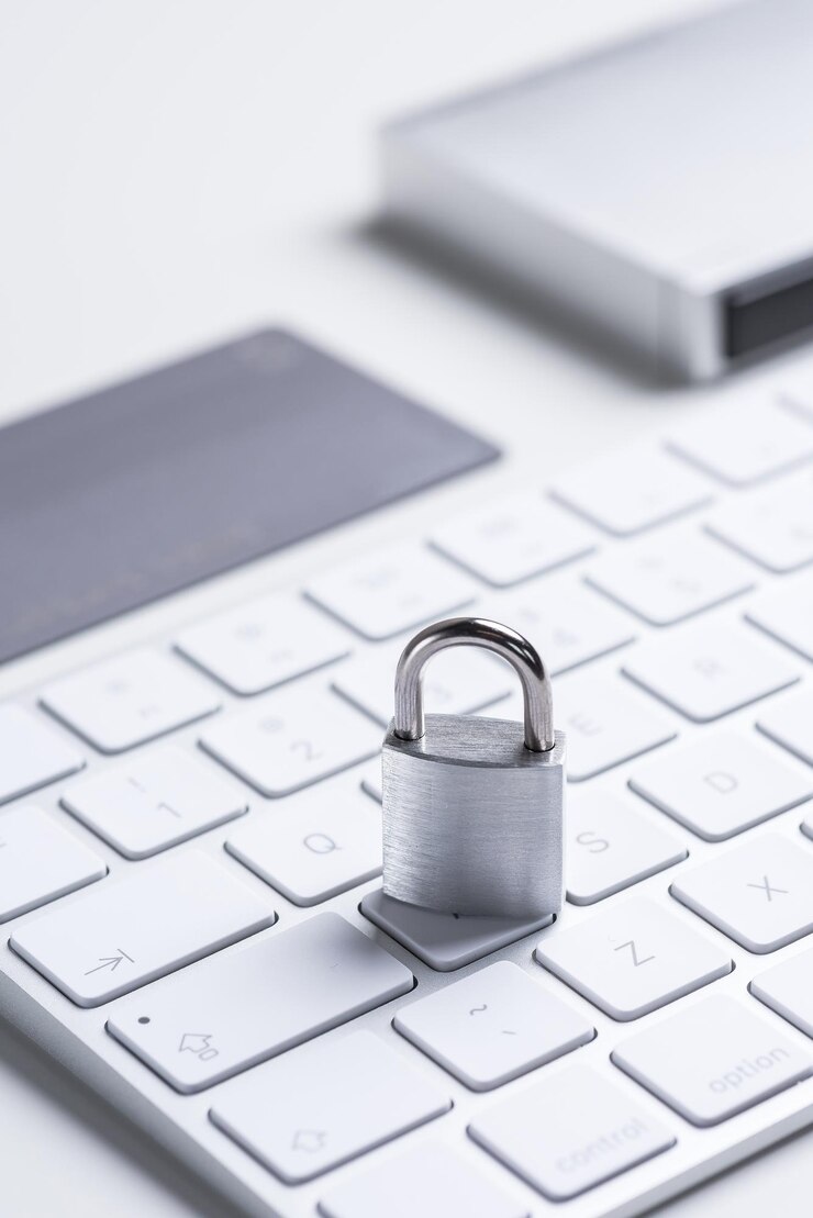 Photo finance security bank card with lock and key on a white table data security