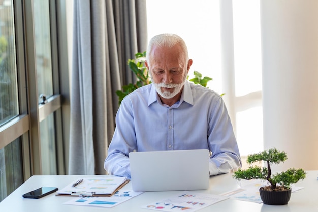 Uomo d'affari consulente finanziario che usa il suo laptop e fa alcune scartoffie mentre è seduto alla scrivania e lavora