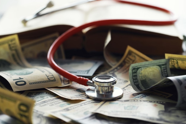 Photo financial analysis auditing or business concept symbolic image of us dollar banknotes with stethoscope