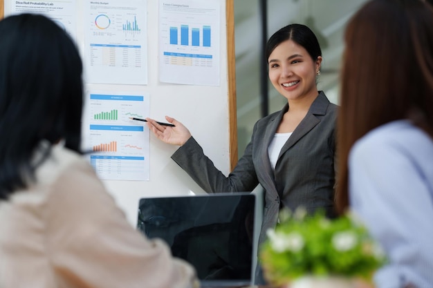 Financial Analyst discussing with Investment Banker at Meeting Room Fund investment concept