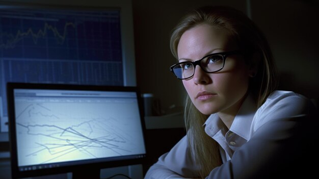 Financial Analyst Female Caucasian Young Adult Analyzing charts and graphs on a computer at a desk in Indoor office Generative AI AIG22