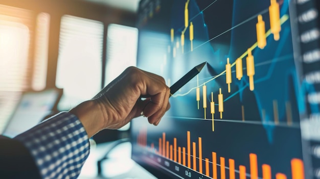 Financial analyst pointing to an upward trend on a gold price graph during a presentation