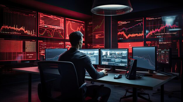 Financial analysts working in a trading room Red and technological background