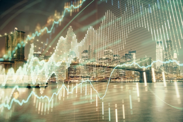 Financial chart on city scape with tall buildings background multi exposure Analysis concept