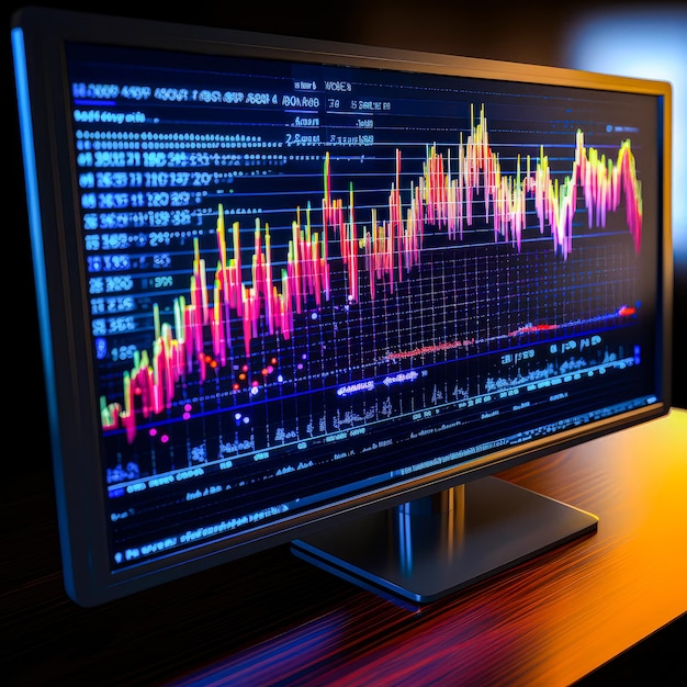 Financial chart with downward red trend on office monitor