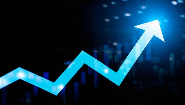 Financial chart with glowing blue arrow light effect isolate on black background