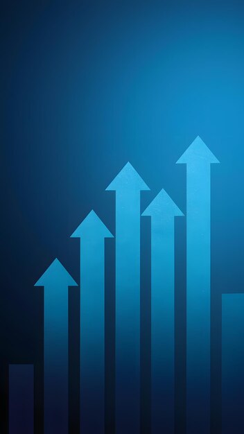 Photo financial chart with vertical bars upward arrows on blue background indicating positive performan