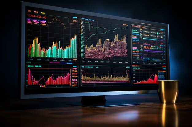 Financial charts and graphs on the computer monitor Workplace broker Stock Vector