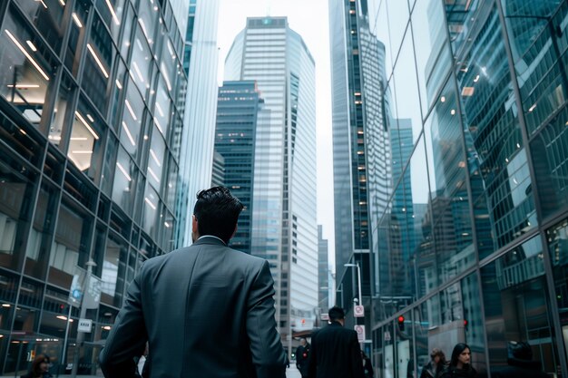 Financial city with glassedin skyscrapers and businessmen in suits