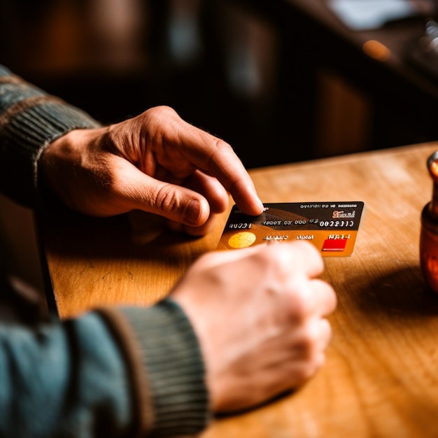 Foto convenienza finanziaria primo piano della persona che tocca una carta di credito per il pagamento