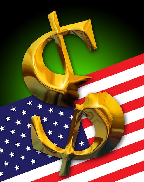 Финансовый кризис. Сломанный золотой доллар на фоне американского флага
