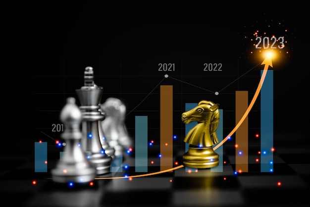 Financial currency management profit financial growth chess game on board 2023 graph Money trade market analysis stock strategy success technology