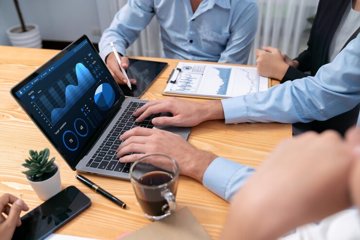 Photo financial data analysis dashboard display on laptop screen meticulous