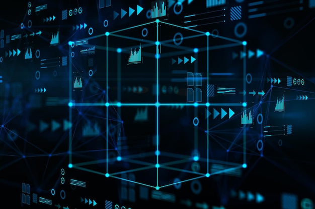 Financial data concept with digital graphic cube made by blue glowing arrows surrounded by graphs and circles on dark background 3D rendering