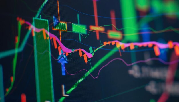 Dati finanziari su un monitor che include analisi di mercato grafici a barre diagrammi dati finanziari astratto sfondo grafico forex incandescente investimento commercio finanza azionaria