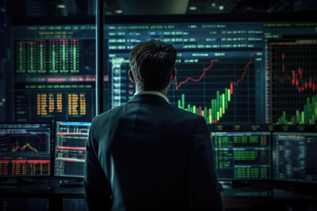 Financial figures analyzing market data on large displays