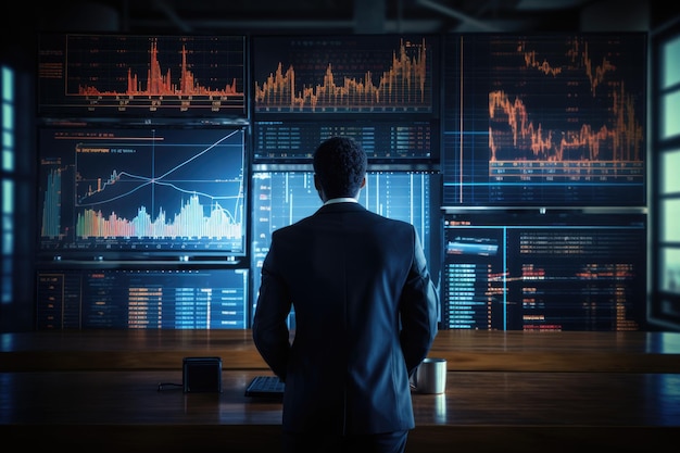 Financial figures analyzing market data on large displays