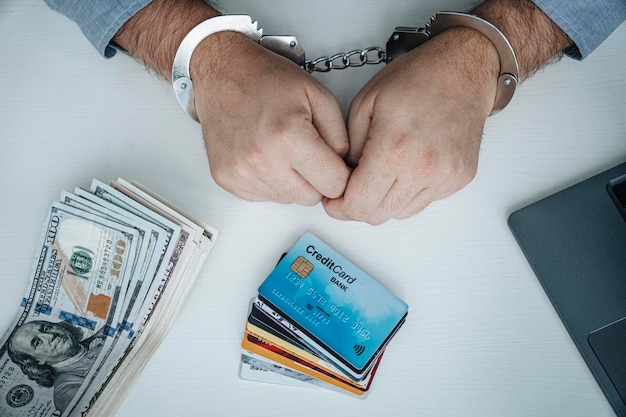 Financial fraud with credit cards concept Theft of bank accounts Person in Handcuffs with a Bank Card on the Table closeup