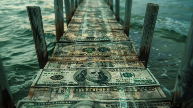 Financial freedom bridge made of dollar bill planks