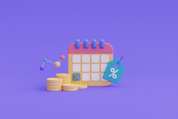 Financial future planning concept,payment deadline, calendar and coin stack .3d render.