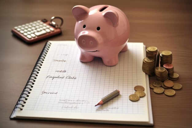 Financial goals and list with piggy bank and notepad