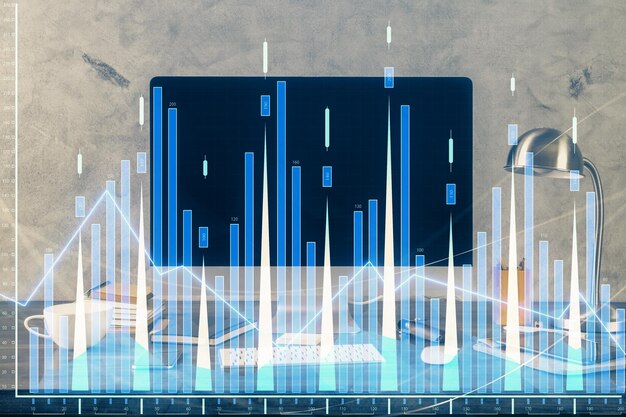 金融グラフ カラフルな図面とコンピュータを背景にした表 ダブルエクスポージャー 国際市場の概念