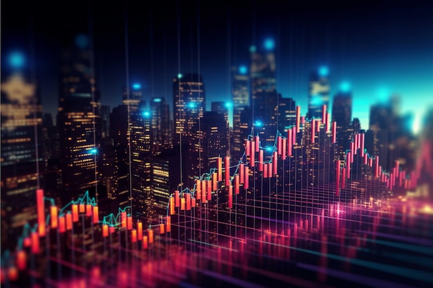 ストックマーケット分析 3D レンダリングの抽象的な背景を表す夜の都市の金融グラフ