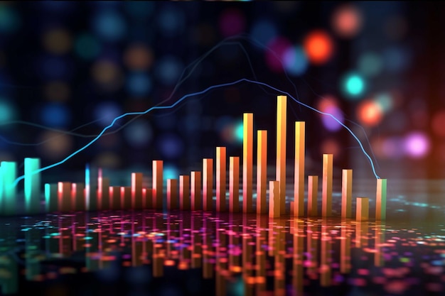 Финансовый график на ночной город абстрактный фон представляют анализ фондового рынка 3D рендеринг