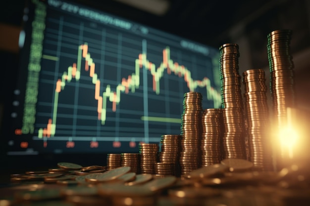 Financial graph with stock market uptrend line graph and background of coins