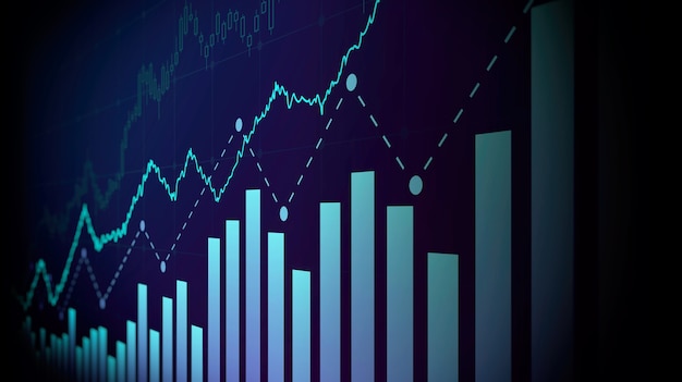 Photo financial graph with up trend line candlestick chart in stock market on blue color background