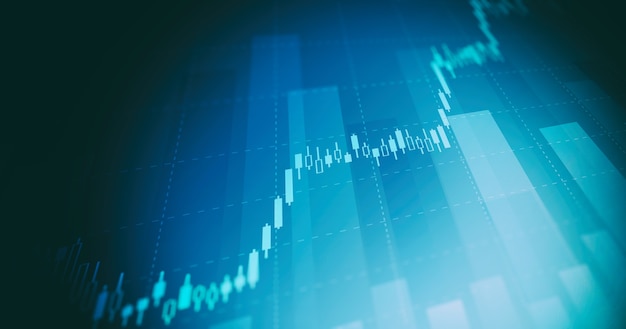 Foto grafico finanziario con grafico a candele con linea di tendenza in aumento nel mercato azionario su sfondo blu
