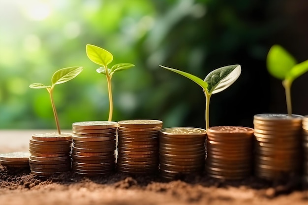 金融の成長は投資と貯蓄の活気に満ちた象徴である積み上げられたコインの上に苗木を咲かせます