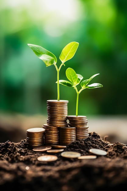 Financial Growth Blooms Seedlings on Stacked Coins a Vibrant Symbol of Investment and Savings