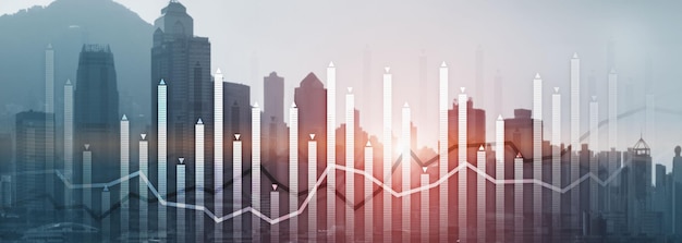 Financial growth chart graph diagram analysis big data trading investment concept city view skyline website header banner double exposure