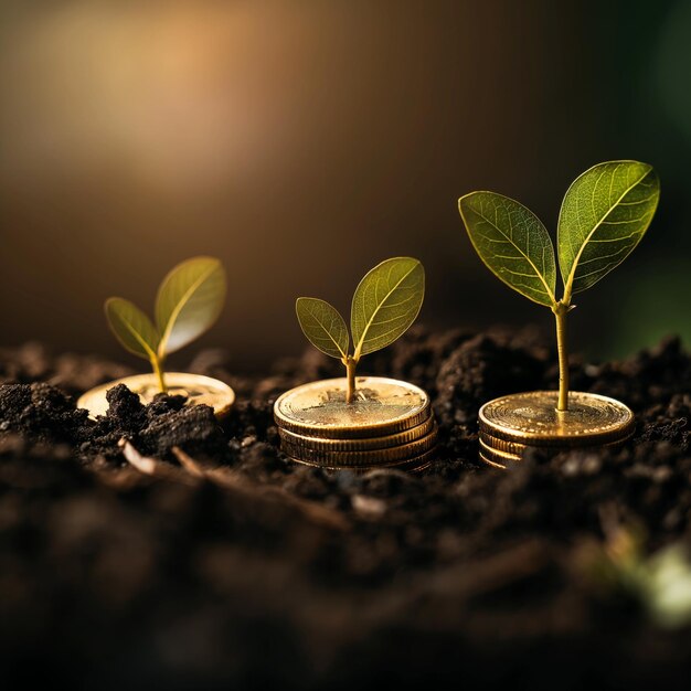 Financial growth concept Plant in a jar on coins