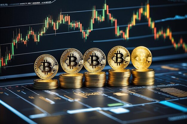 Foto concetto di crescita finanziaria con scala d'oro di bitcoins sullo sfondo del grafico forex