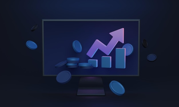 Illustrazione 3d della schermata di crescita finanziaria grafici che mostrano l'andamento del mercato redditizio