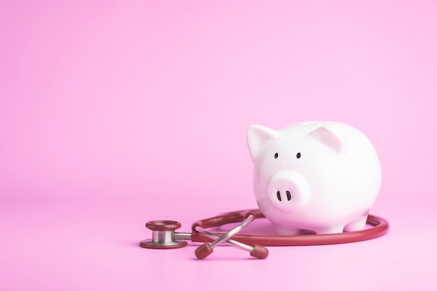 Financial for health concept The idea of saving money for healthcare Close up stethoscope and white piggy bank on pink color and copy space Health and finance concept