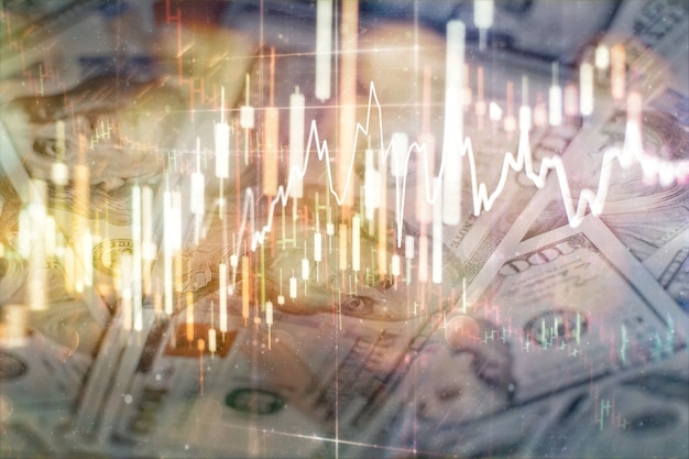 Financial instruments with various type of indicators including volume analysis for professional technical analysis on the monitor of a computer. Fundamental and technical analysis concept.