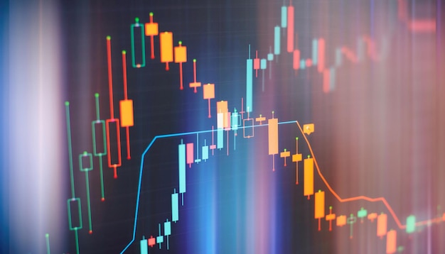 Financial instruments with various type of indicators including volume analysis for professional technical analysis on the monitor of a computer