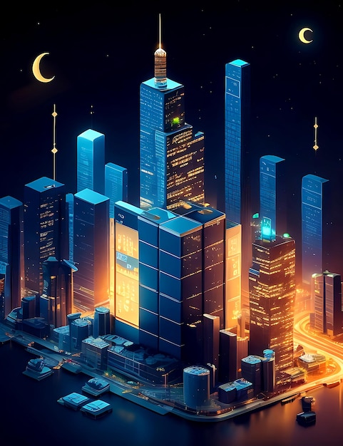 金融投資の概念都市の夜と金融のためのコインの山イラストaiGenerated