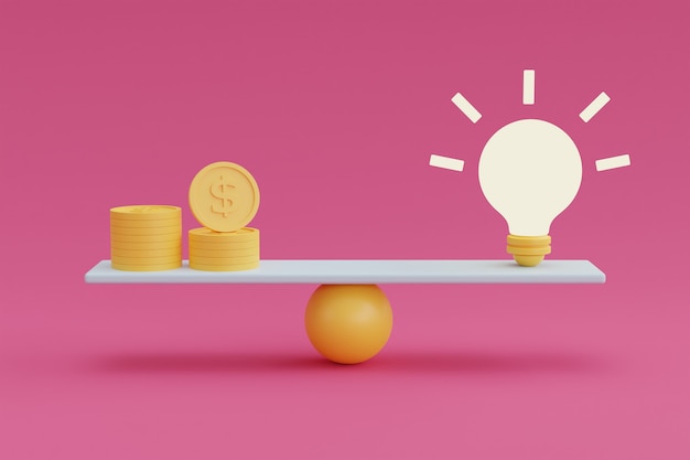 Financial investment concept with light bulbs and money on pink background