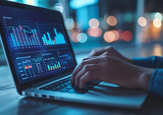 Financial and investment technology concept Investor using computer and laptop for analysis stock