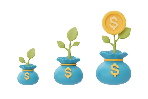 달러 동전 가방 및 식물 절약 돈 또는 이자 증가3d 렌더링을 사용한 금융 투자 미래 소득 성장 개념