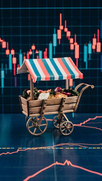 Photo financial market dynamics small cart juxtaposed with stock market charts vertical mobile wallpaper