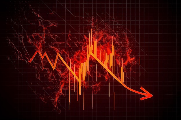 Financial market graph chart going down trend Red arrow down with fire explosion from investment in crisis situation generated AI