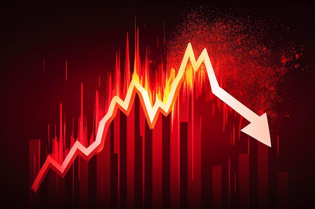 Financial market graph chart going down trend Red arrow down with fire explosion from investment in crisis situation generated AI